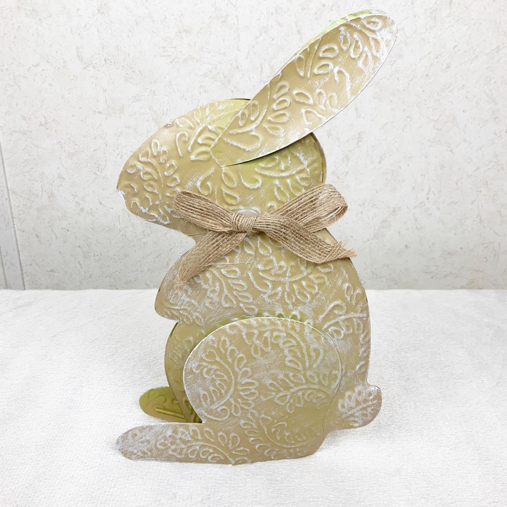 Easter Tan Tin Metal Bunny Burlap Bow Tabletop Decor Floral Embossed Rabbit